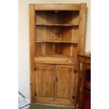 Stripped Pine Corner cabinet with shaped shelves and panelled cupbaord to base. 92cm in Width