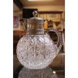 Russian Silver topped Claret Jug of Spherical form with Cut Crystal base with Fabergé applied mark