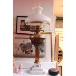 Edwardian Oil Lamp with opaque glass shade over brass reservoir and marble base