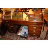 Edwardian Mahogany Green Leather topped desk with brass military handles. 130cm in Width