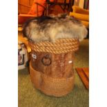Japanese Fur topped stool with rope applied decoration on Wooden base. Applied character marks. 45cm
