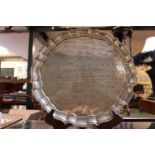 Large Indian white metal tray with gadrooned edge Presented to Captain D F Robbins by the Military
