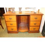 Edwardian Mahogany kennel desk with brass drop handles and chequered base. 124cm in Width