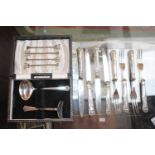 Boxed Silver Pusher set and a Set of Silver handled fruit knives and forks