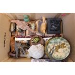 Box of assorted Ethnographic items inc. Elephants, Ivory Elephant carving etc