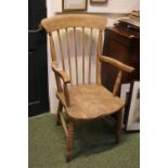 19thC Elm Stick back elbow chair on turned supports