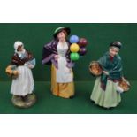 Royal Doulton Figurines The Orange Lady, Balloon Lady HN 3935 & Country Lass HN 1991