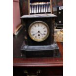 Victorian Slate mantel clock with marble applied decoration and Roman numeral face