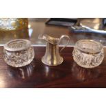 Pair of Silver topped Glass salts and a Miniature Silver Jug