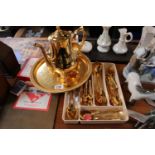 Gilded three piece tea set on tray and a collection of Gilded Flatware