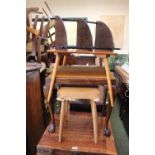 Upholstered Oak framed stool on ball and claw feet, Mid 20thC Table, Stool and a Corner shelf unit