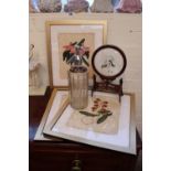 Baldry's Thrower & Co of Kings Lynn Table water bottle, 3 Framed Floral prints and a Chinese table