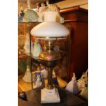 Victorian Oil Lamp with Brass reservoir mounted on white marble base
