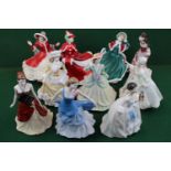 Collection of 10 Royal Doulton figurines Victorian Christmas HN 4675, Courtney HN 4762, Kelly HN