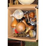 Box of assorted Bygones to include Copper Jugs, Brass Candlesticks,, Cigarette cases etc