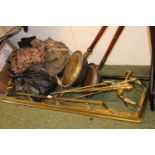 Edwardian Brass Fire Kerb, Brass companion set and 2 19thC Warming pans