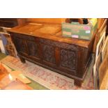 Large 19thC Elm Coffer with Carved panels and straight supports