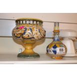2 Pottery Italian Maiolica vases with bird and floral decoration