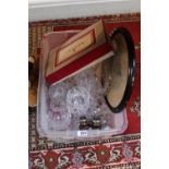 Box of assorted Glassware inc. Silver topped scent bottle, net bottle and Binoculars etc