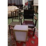 Edwardian Inlaid chair, Panel backed Elbow chair and a Woven linen basket
