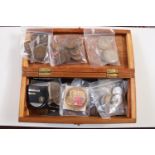 Box of assorted British and other Coins and a case of assorted Vintage badges