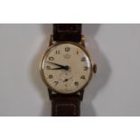 9ct Gold Smiths 15 Jewel wristwatch on Brown Leather Strap in original case