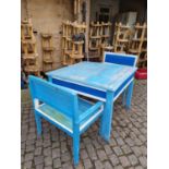 Blue and White Painted Square table and 2 matching chairs