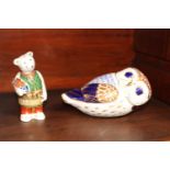 Royal Crown Derby Bear and Owl Paperweight with Gold stopper to base