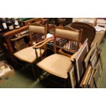 Pair of Edwardian Mahogany framed inlaid upholstered Elbow chairs
