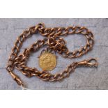 Edwardian 9ct Gold watch chain with 1910 Half Sovereign 54g total weight