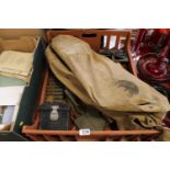 Two military trenching tools, folding camp bed, machine gun cases etc