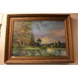 Large Ornate Gesso framed Oil on board by R L Woodward of a River scene