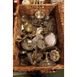 Cane Picnic basket of assorted Silver Plated tableware inc. Toast Racks, Pierced bowls etc