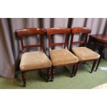 Set of 3 Victorian Mahogany curved back dining chairs on turned and carved supports