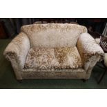 Victorian upholstered 2 seater sofa on oak bun feet