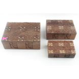 Set of 3 Carved Hardwood Indonesian graduated jewellery boxes with bone inlay