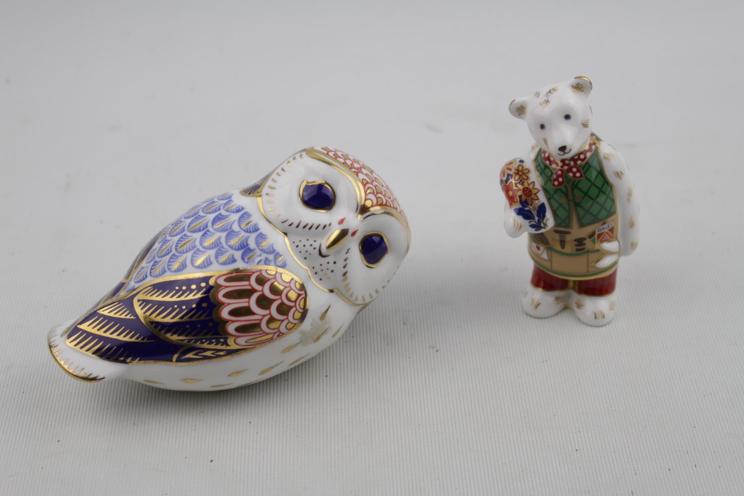 Royal Crown Derby Bear and Owl Paperweight with Gold stopper to base