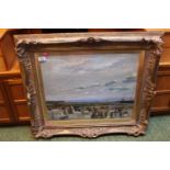 19thC Ornate Gilt Gesso framed watercolour of a coastal scene