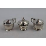 3 20thC Silver lidded Mustards 190g total weight without blue glass liners