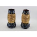 Pair of Royal Doulton Vases with glazed and gilded decoration with impressed mark to base. 21cm in