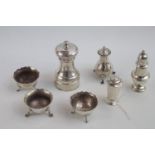 20thC Silver turned Salt Mill and a collection of Edwardian and later cruet ware 185g plus salt mill