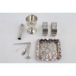 Silver propelling Pencil, Embossed Silver dish, 2 Silver napkin rings and a Silver egg cup 78g total