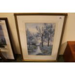 Robert Winchester Fraser watercolour of Silver Birch trees by a Stream