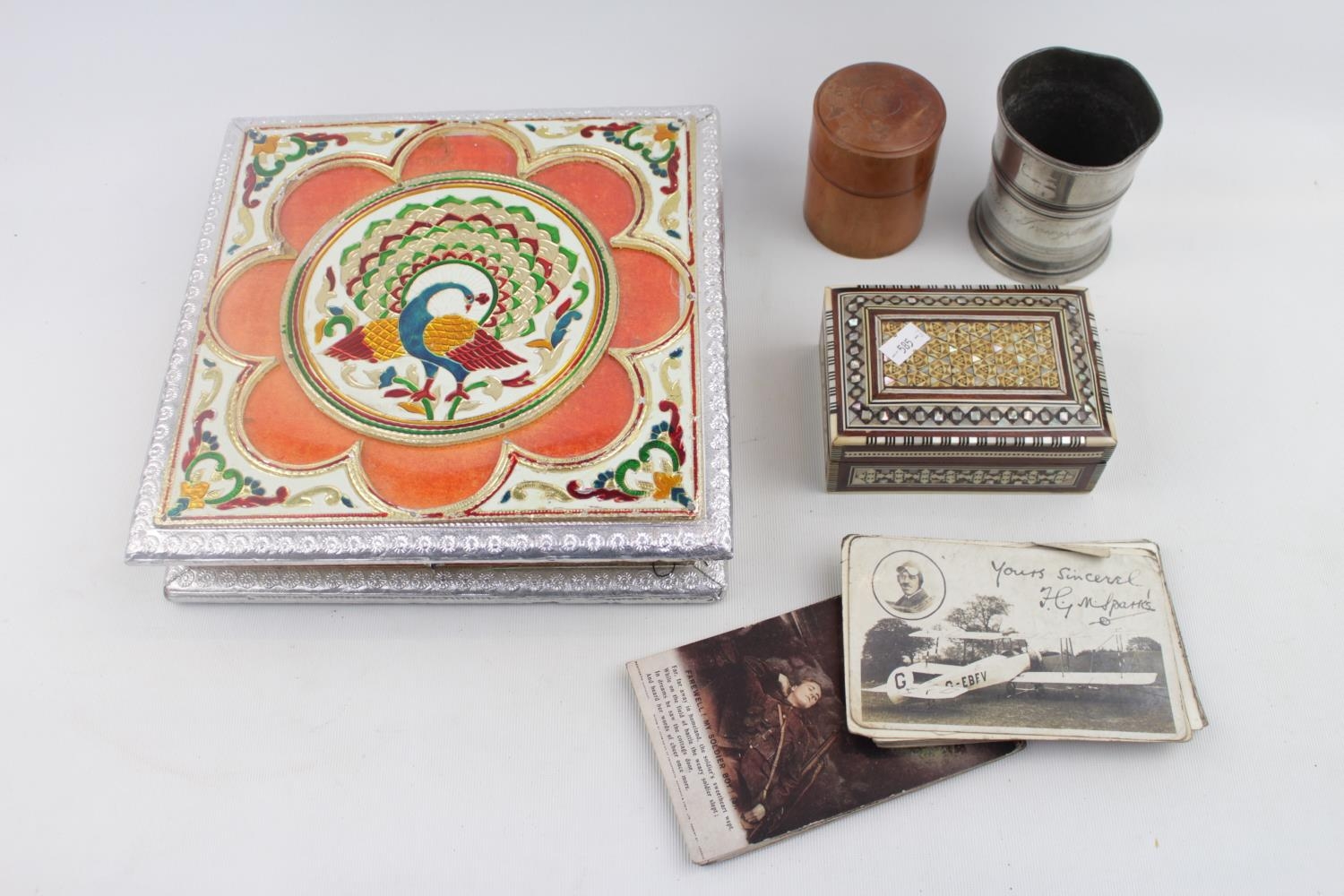 18thC Pewter Beaker, Treen lidded pot, Vintage Postcards and 2 lidded boxes
