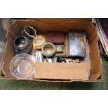 Box of assorted Bygones inc. Cinnabar type lidded boc, Brass Inkwell etc