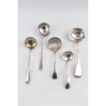 Collection of 5 Assorted Silver Sauce ladles and Scallop sifter inc. Mappin & Webb etc 240g total