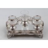 Fine Victorian Silver Inkstand with pierced gallery, two cut glass inkwells and bowl by George Fox