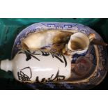 Chinese Pottery Vase with applied character writing, Large Blue and White meat plate, Toby Jug,
