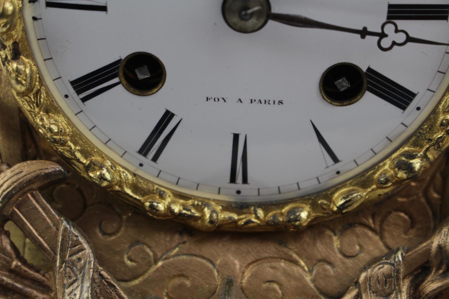 Fine 19thC French Gilded eight day clock with roman numeral dial marked Foy De Paris, with - Image 3 of 6