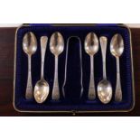 Cased set of Edwardian Silver Teaspoons & Tongs Sheffield 1903 by W S Savage & Co 250g total weight